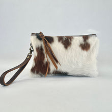 Load image into Gallery viewer, Cowhide wristlet in brown and white