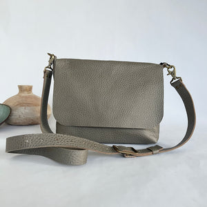 Jane Leather Messenger Bag with Crossbody Strap | Grey Pebble