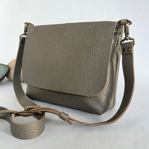 Jane Leather Messenger Bag with Crossbody Strap | Grey Pebble